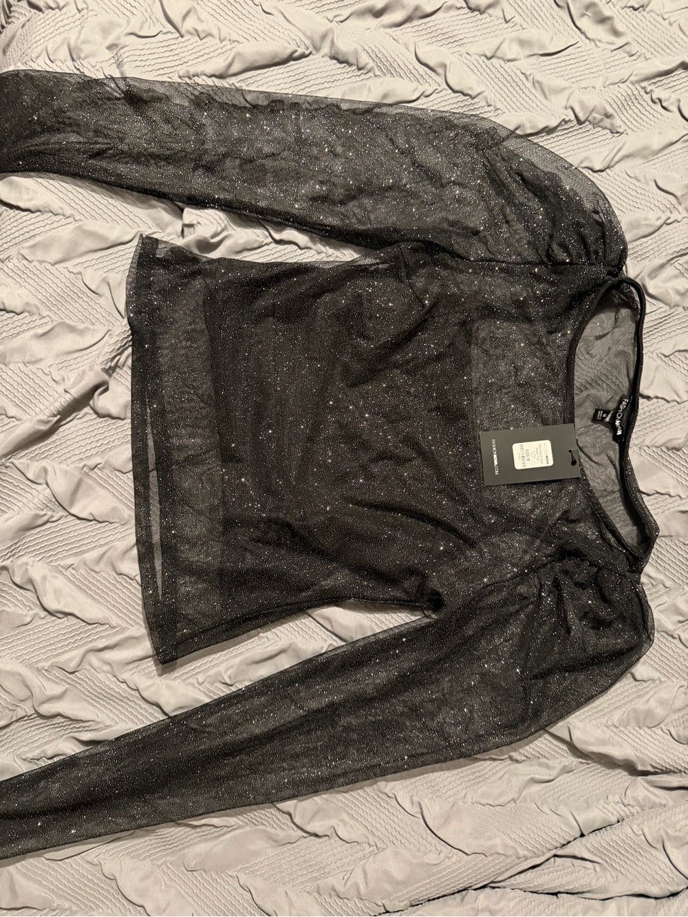 Fashion Nova Black Sparkle Mesh Long Sleeve Top